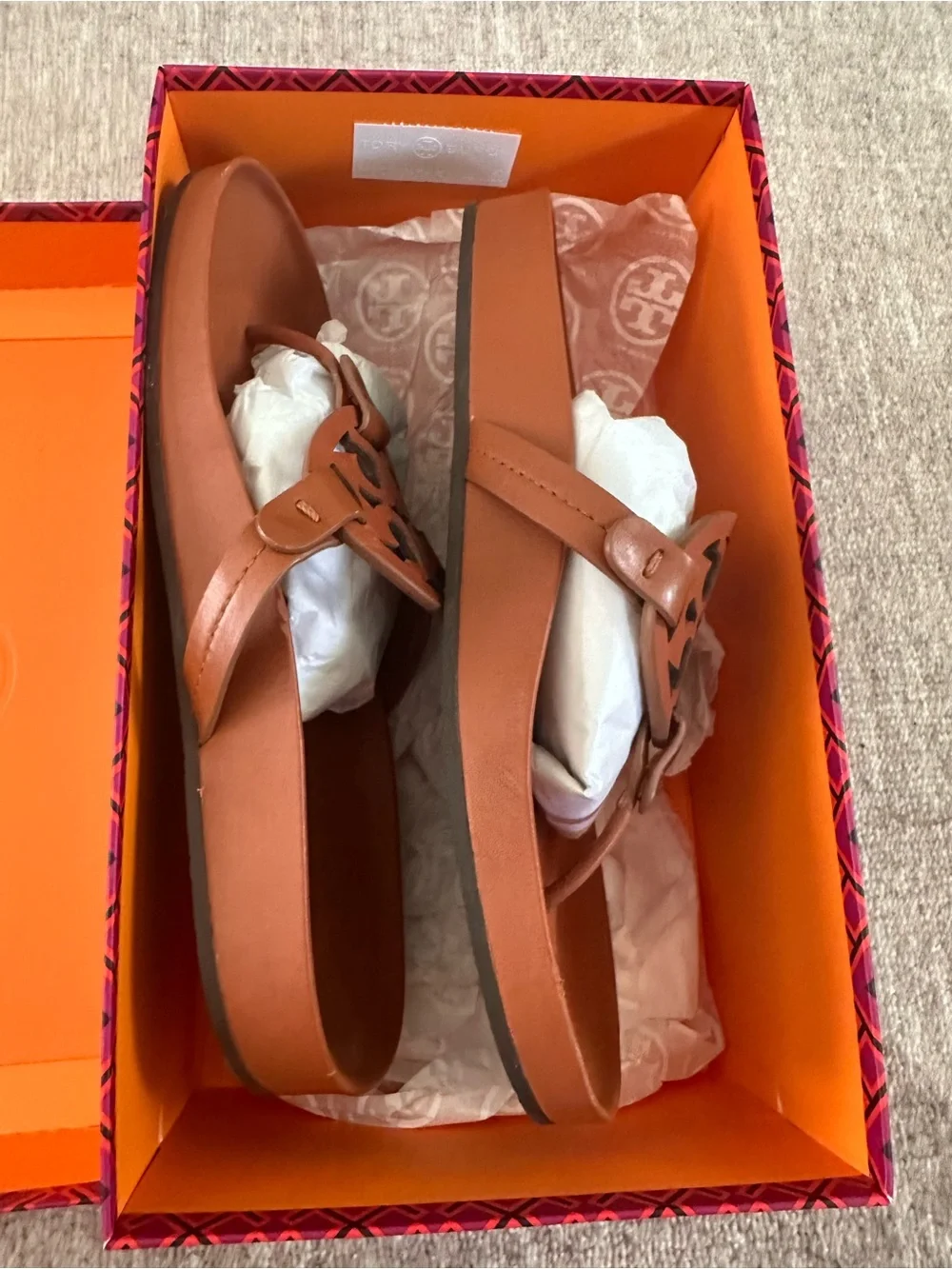 Tory Burch Cognac Leather Logo Thong Sandals